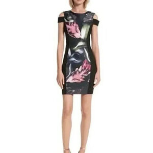 NWT Ted Baker London Size Small Black Floral Cold Shoulder Bodycon Eden Dress